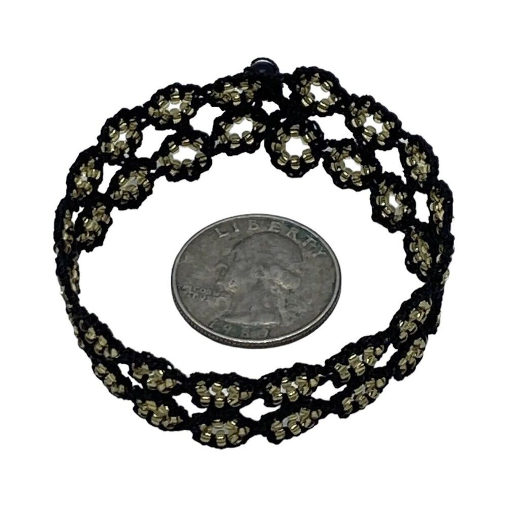 Turkish Artisan Fashion Flat Crochet 7” Bracelet Black Cord Gold Round Beads - Picture 10 of 11